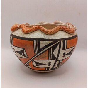 Old Vintage Acoma Pueblo Polychrome Pottery Bowl Olla Pie Crust Rim 3" x 4.5"
